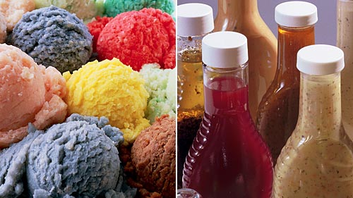 Ice cream, left, and salad dressing