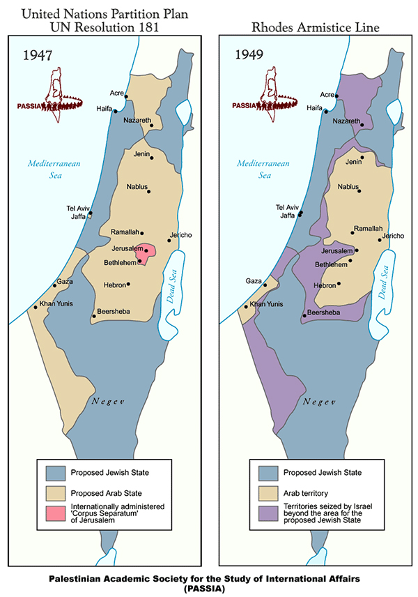 One of many interpretations of the original Balfour/UN agreement map laying out the Israeli-Palestinian territories. The interwoven territories have never yielded a viable state for Israel or Palestine.  (image: PASSIA)